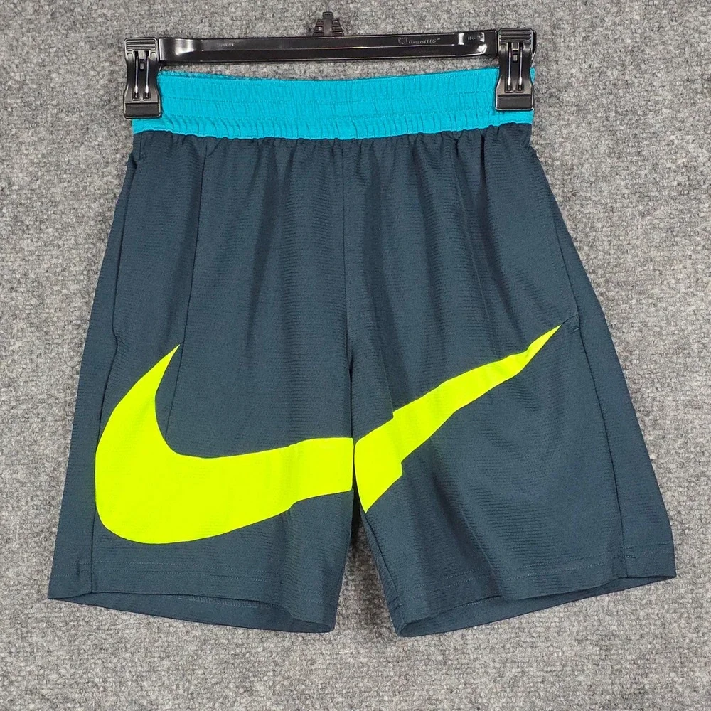 Nike YOUTH Boys Medium Basketball Shorts Navy Teal Big Neon Yellow Swoosh